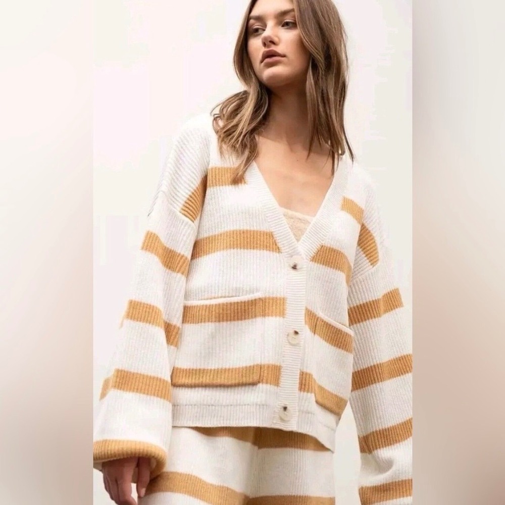 Anthropologie Moon River Cream Brown Stripe Cardigan Sweater Women's Size‎ L - Picture 2 of 9